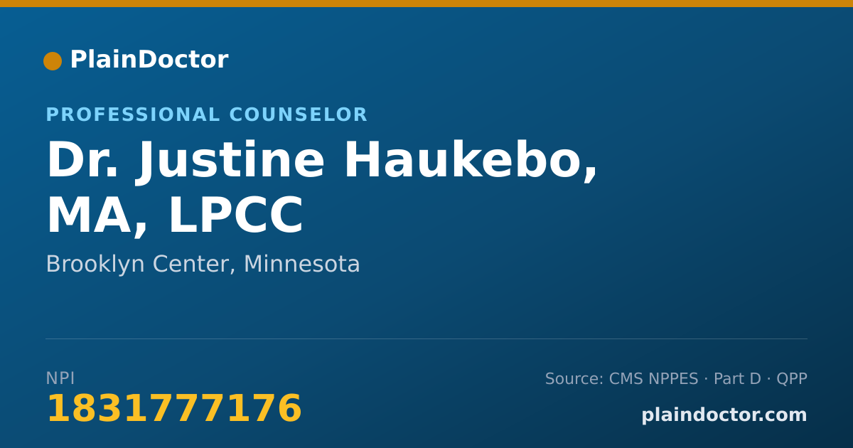 Shareable card for Justine Haukebo, MA, LPCC - Professional Counselor, Brooklyn Center, MN