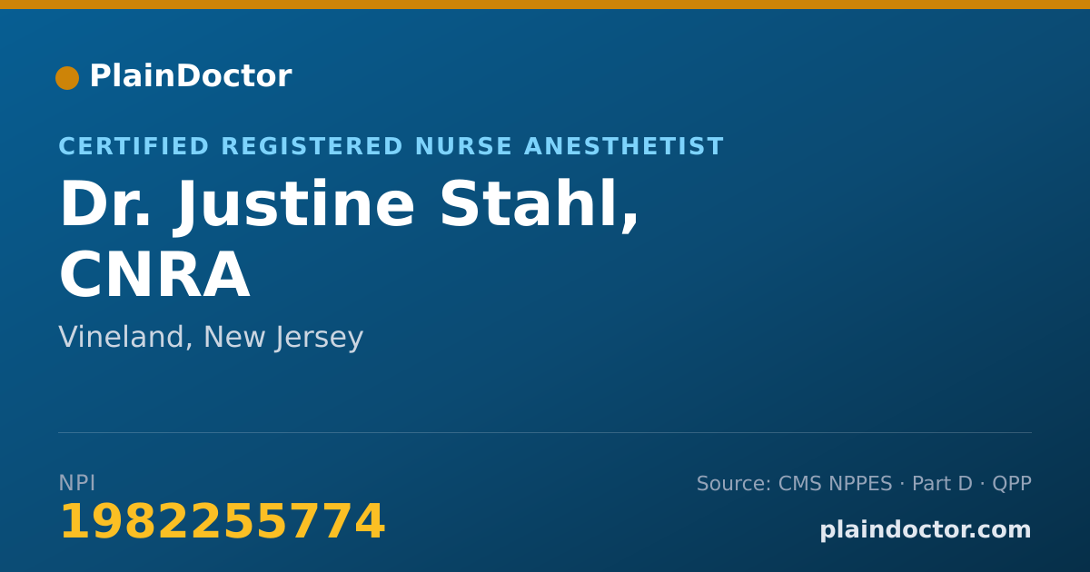 Shareable card for Justine Stahl, CNRA - Certified Registered Nurse Anesthetist, Vineland, NJ