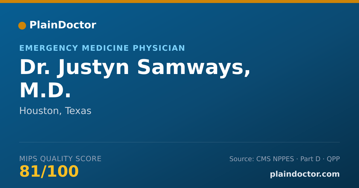 Shareable card for Justyn Samways, M.D. - Emergency Medicine Physician, Houston, TX
