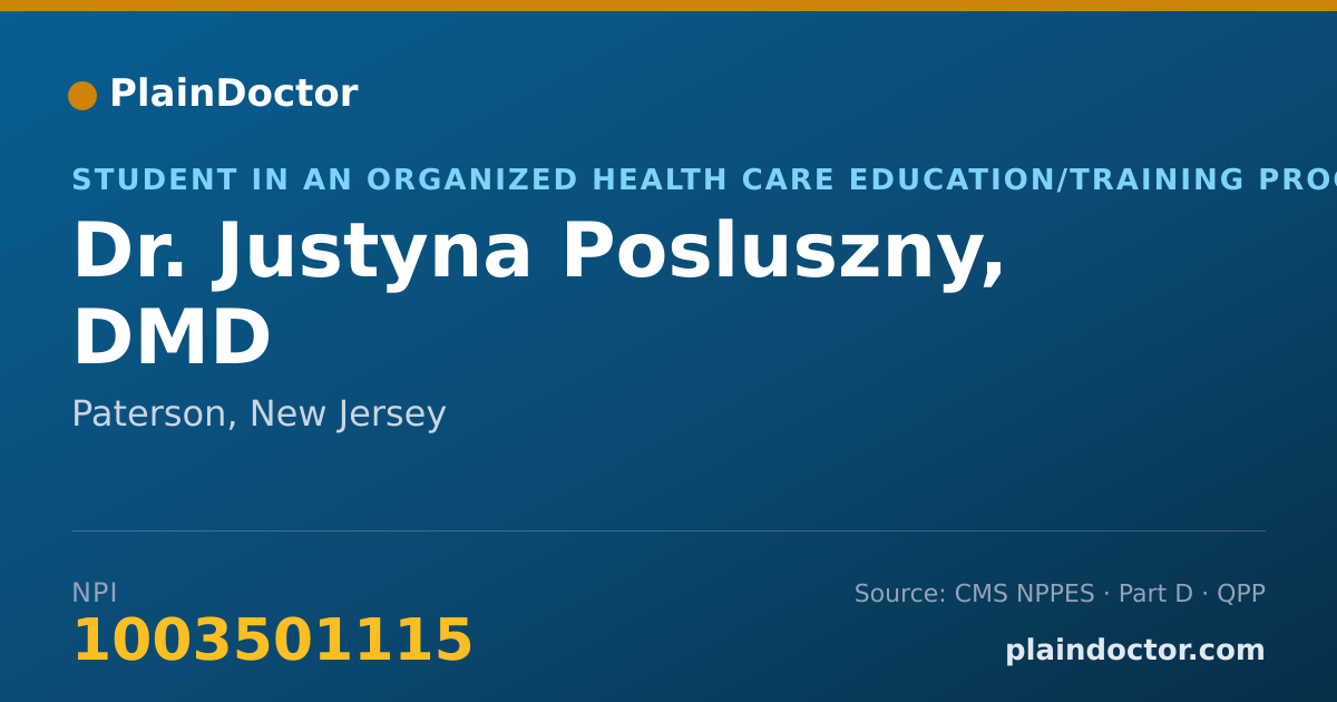 Shareable card for Justyna Posluszny, DMD - Student in an Organized Health Care Education/Training Program, Paterson, NJ