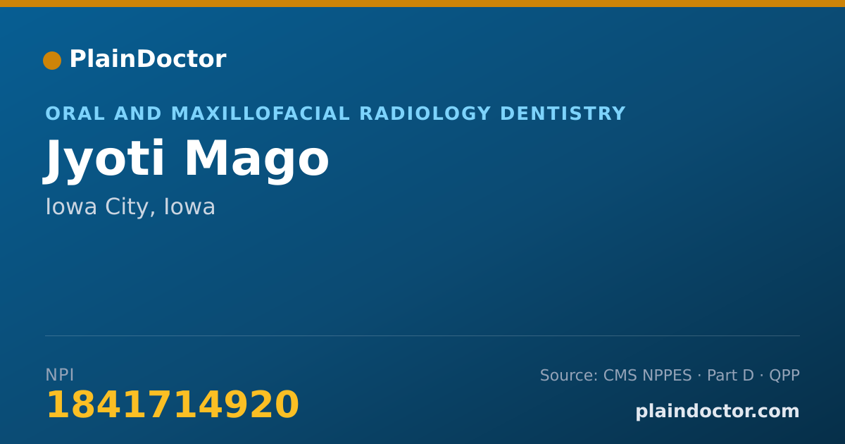 Shareable card for Jyoti Mago - Oral and Maxillofacial Radiology Dentistry, Iowa City, IA