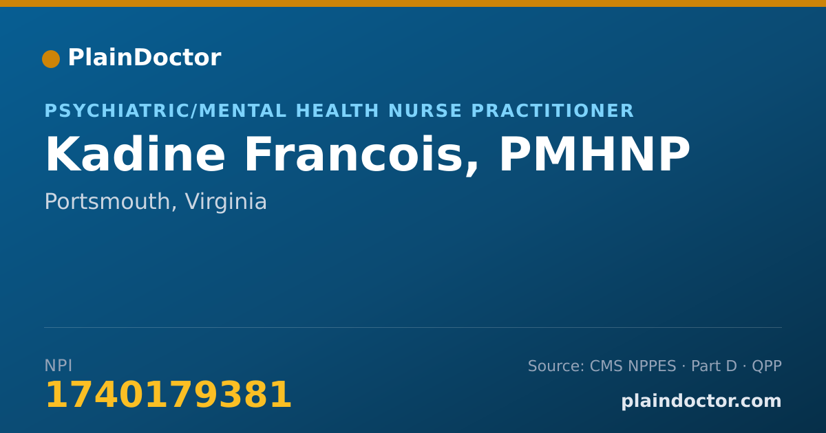 Shareable card for Kadine Francois, PMHNP - Psychiatric/Mental Health Nurse Practitioner, Portsmouth, VA