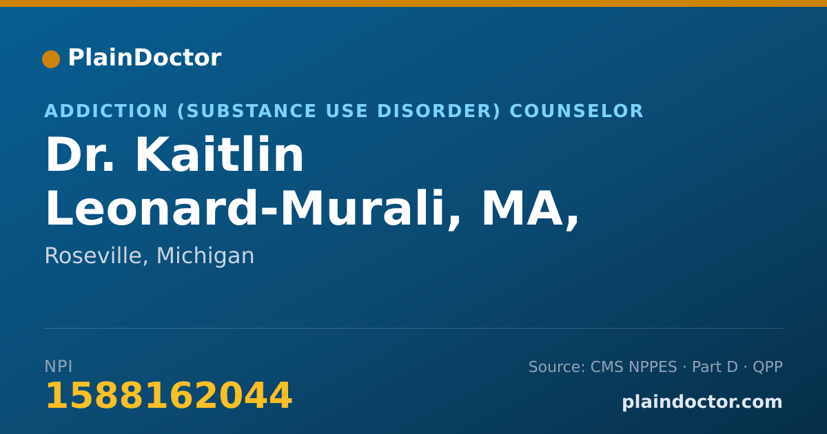 Shareable card for Kaitlin Leonard-Murali, MA, LLPC - Addiction (Substance Use Disorder) Counselor, Roseville, MI