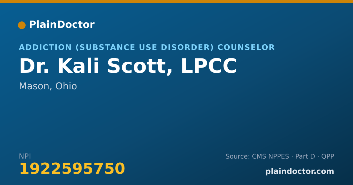 Shareable card for Kali Scott, LPCC - Addiction (Substance Use Disorder) Counselor, Mason, OH