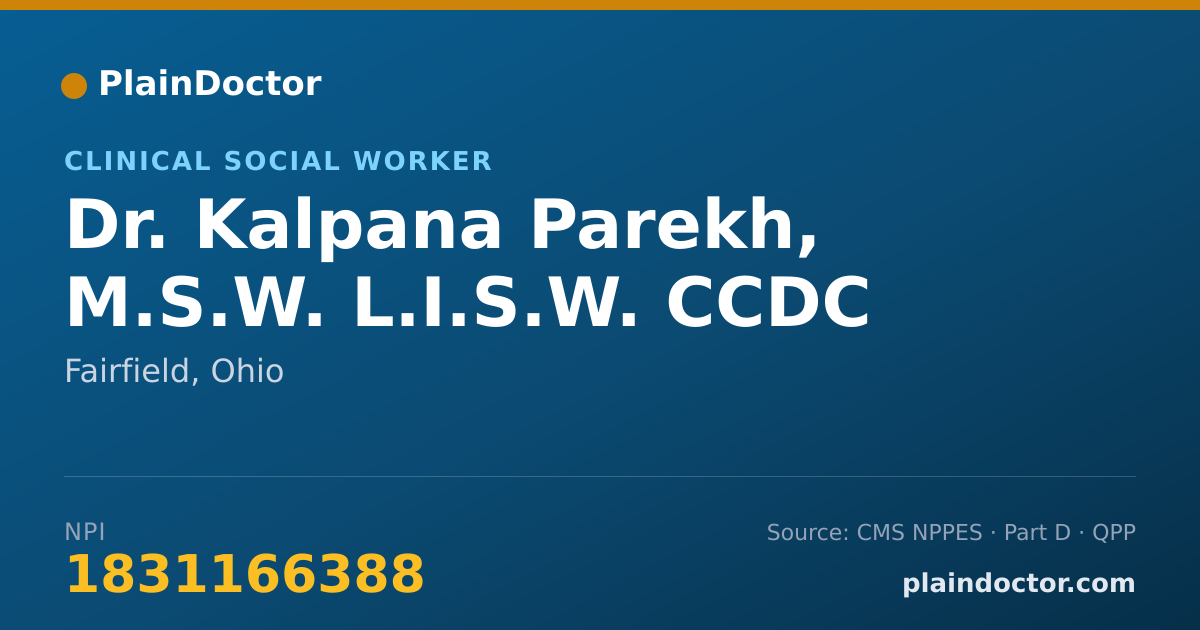 Shareable card for Kalpana Parekh, M.S.W. L.I.S.W. CCDC - Clinical Social Worker, Fairfield, OH