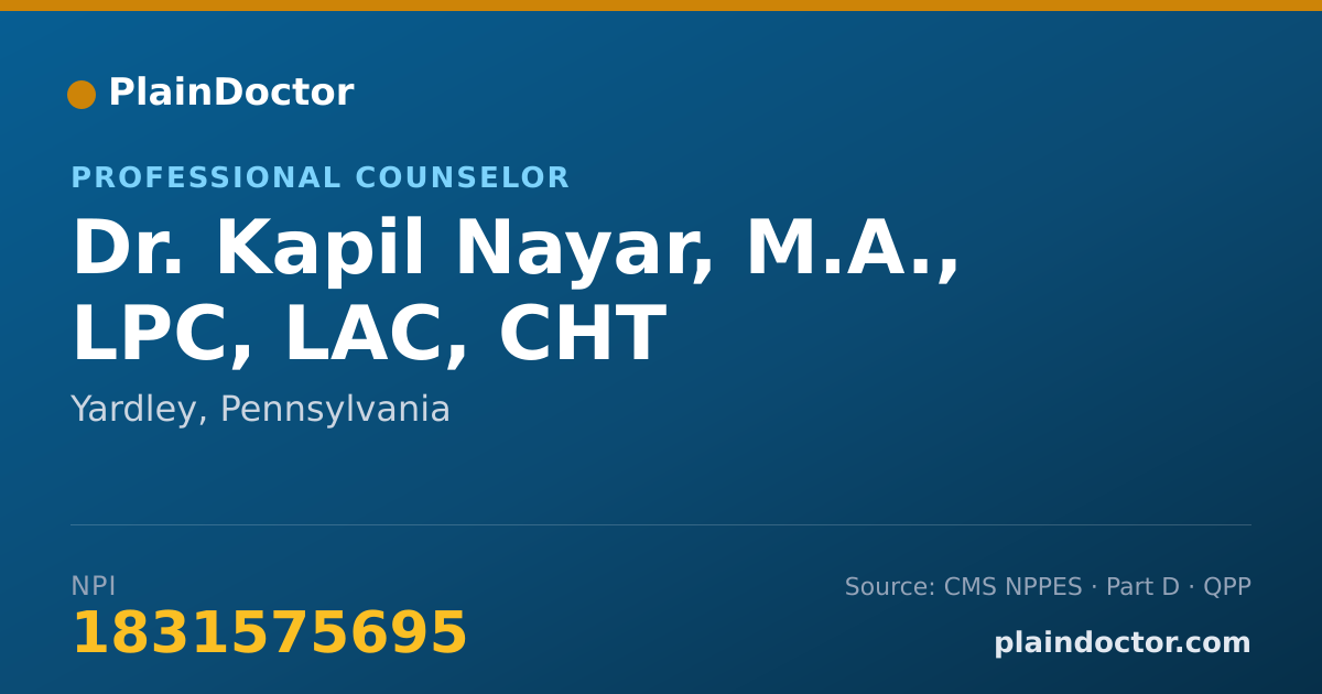 Shareable card for Kapil Nayar, M.A., LPC, LAC, CHT - Professional Counselor, Yardley, PA