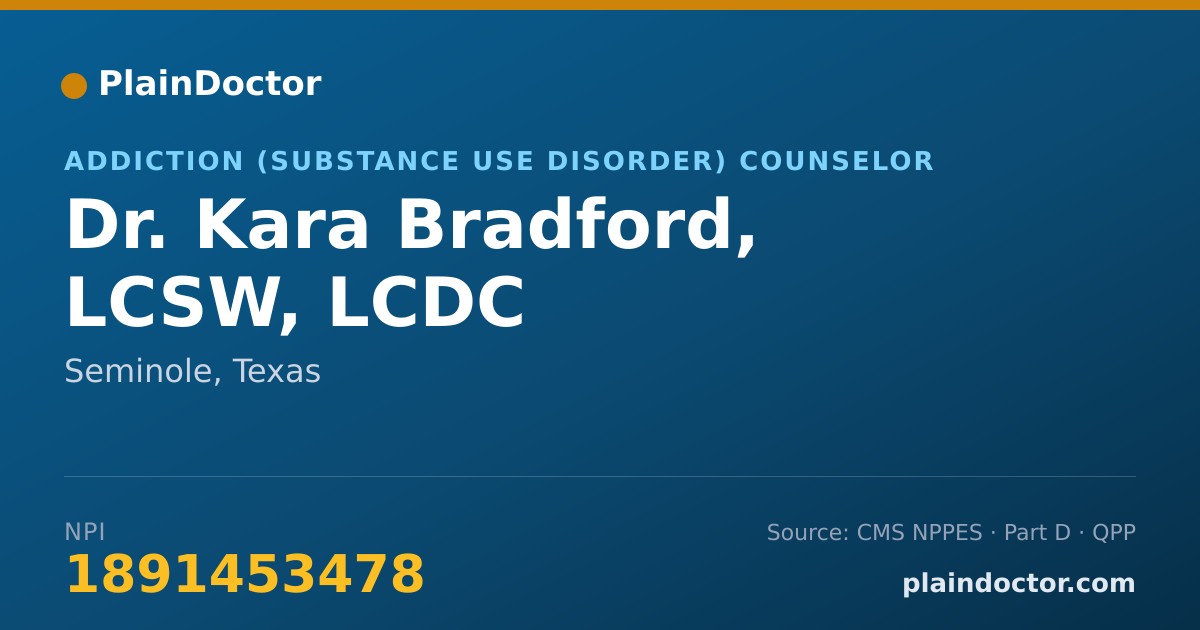 Shareable card for Kara Bradford, LCSW, LCDC - Addiction (Substance Use Disorder) Counselor, Seminole, TX