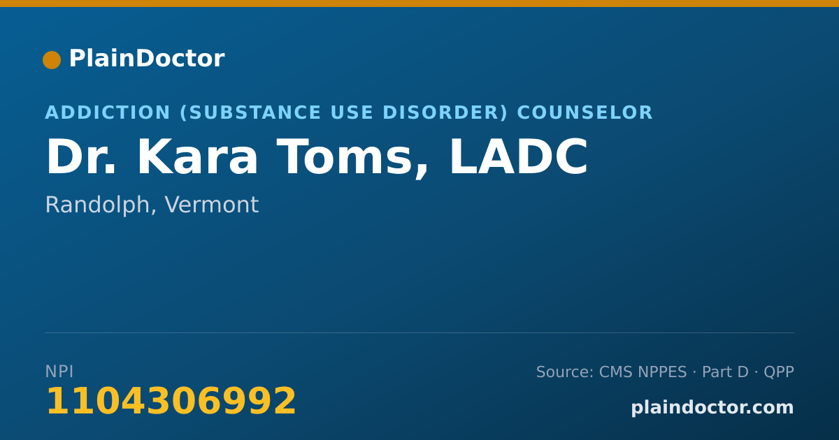 Shareable card for Kara Toms, LADC - Addiction (Substance Use Disorder) Counselor, Randolph, VT