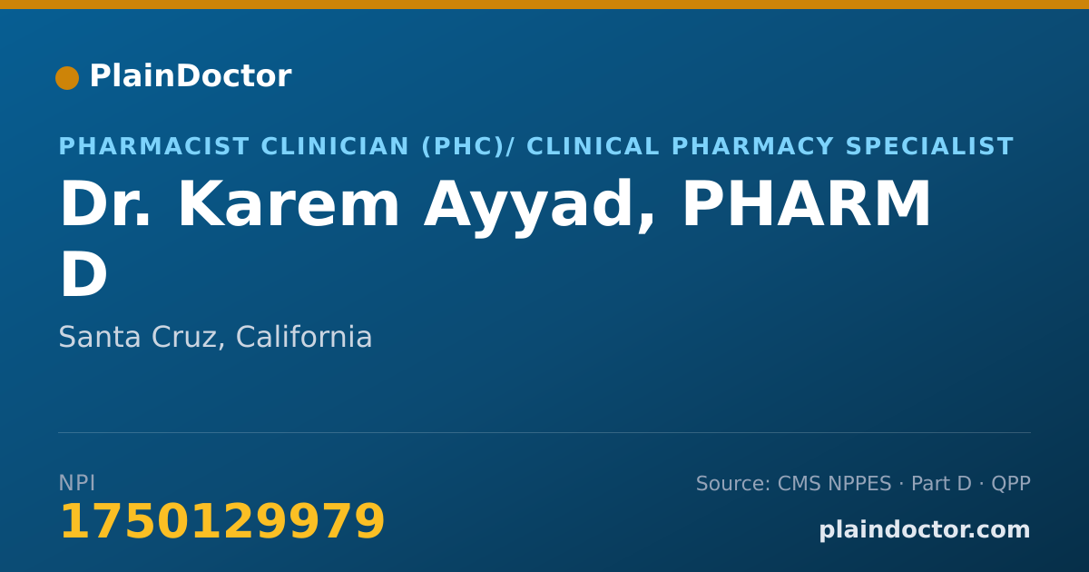 Shareable card for Karem Ayyad, PHARM D - Pharmacist Clinician (PhC)/ Clinical Pharmacy Specialist, Santa Cruz, CA