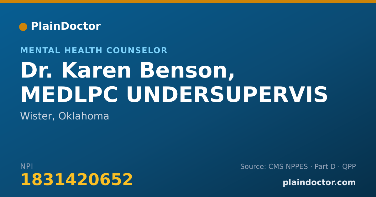 Shareable card for Karen Benson, MEDLPC UNDERSUPERVIS - Mental Health Counselor, Wister, OK