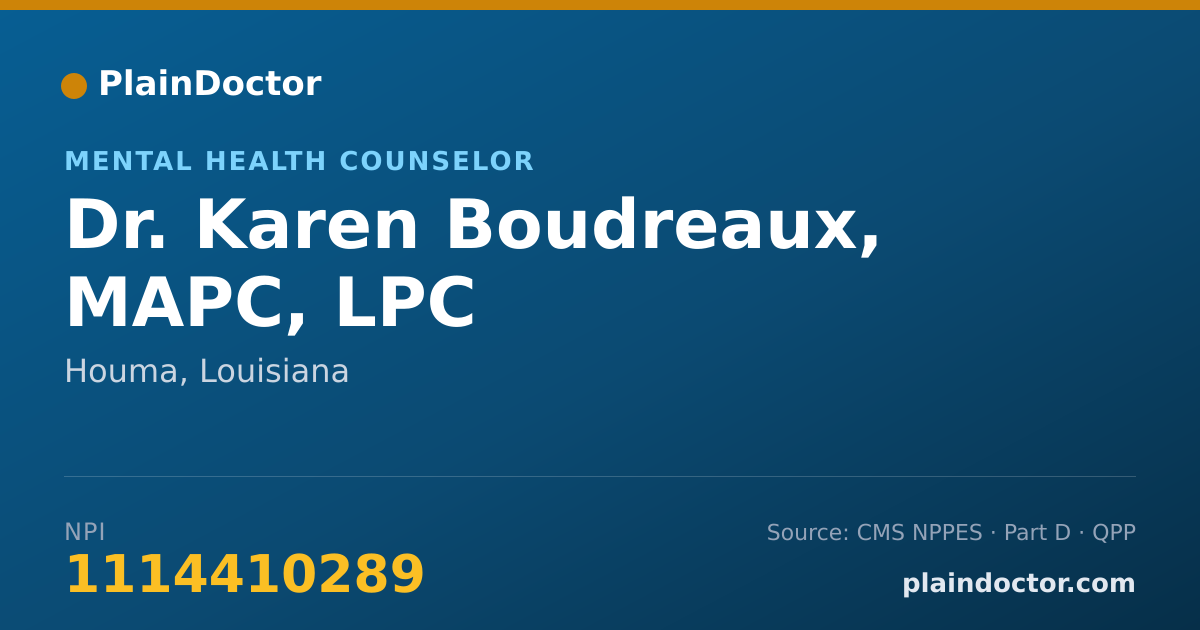 Shareable card for Karen Boudreaux, MAPC, LPC - Mental Health Counselor, Houma, LA