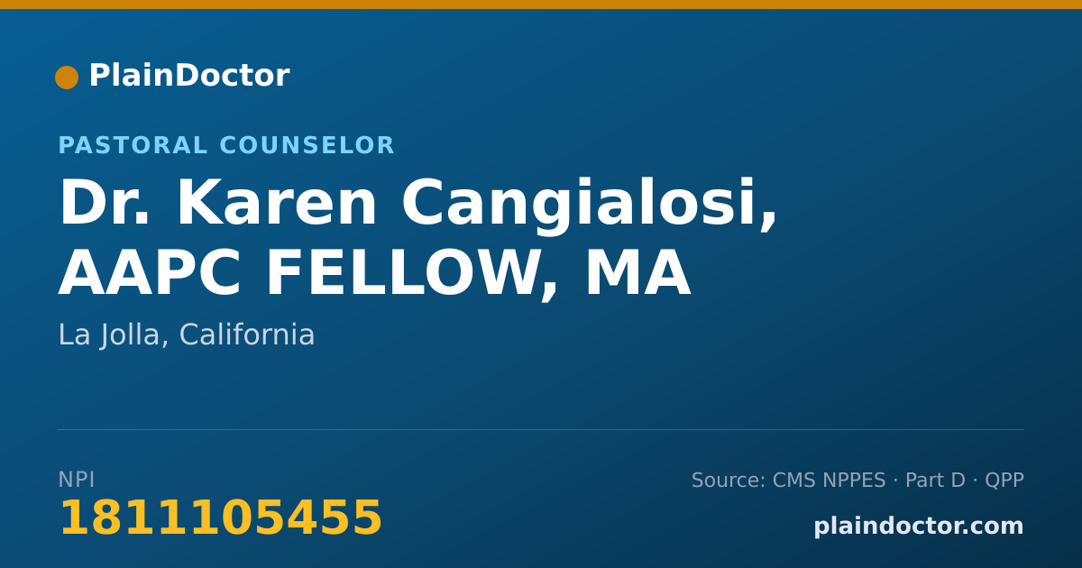 Shareable card for Karen Cangialosi, AAPC FELLOW, MA - Pastoral Counselor, La Jolla, CA