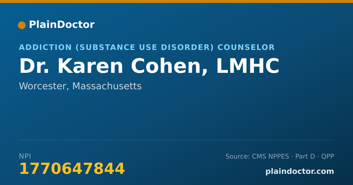 Shareable card for Karen Cohen, LMHC - Addiction (Substance Use Disorder) Counselor, Worcester, MA