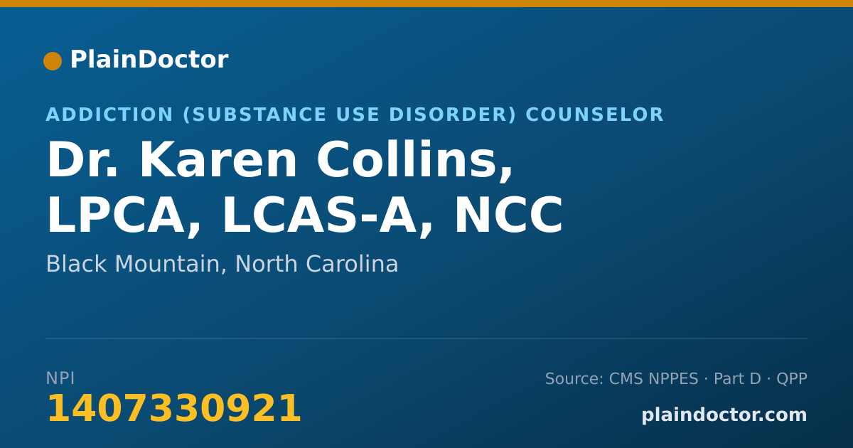 Shareable card for Karen Collins, LPCA, LCAS-A, NCC - Addiction (Substance Use Disorder) Counselor, Black Mountain, NC