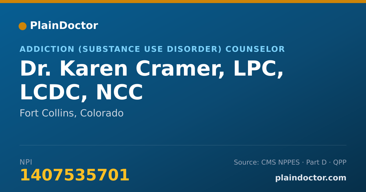 Shareable card for Karen Cramer, LPC, LCDC, NCC - Addiction (Substance Use Disorder) Counselor, Fort Collins, CO