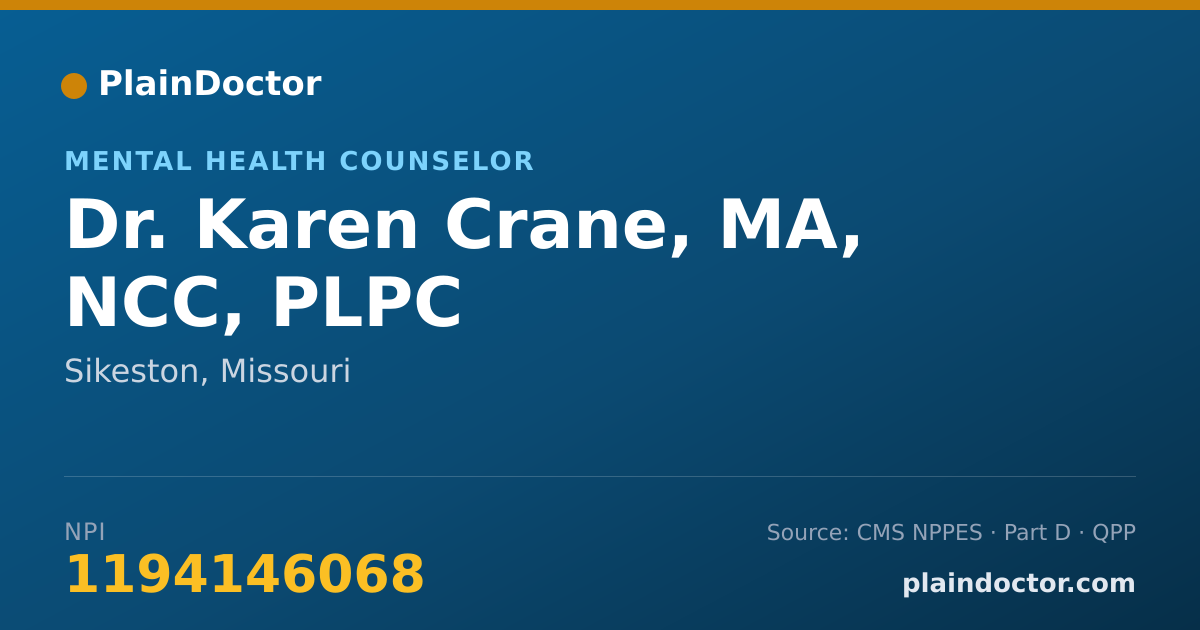 Shareable card for Karen Crane, MA, NCC, PLPC - Mental Health Counselor, Sikeston, MO