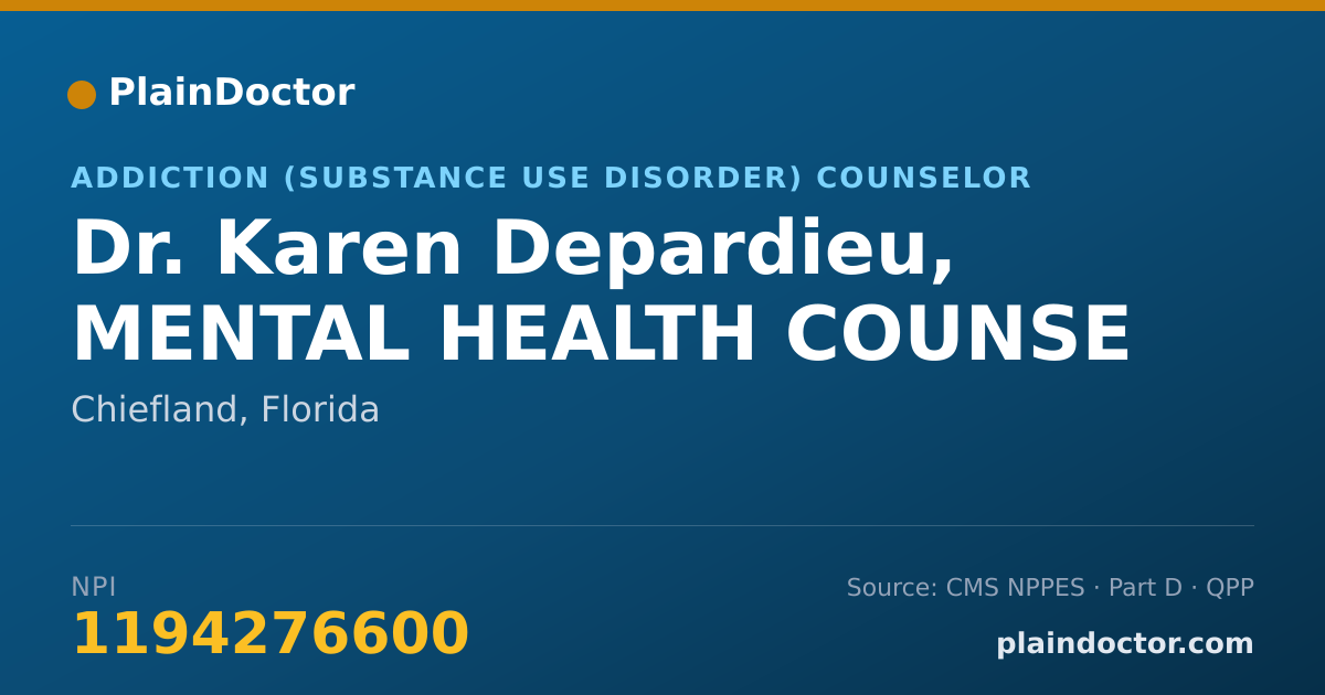 Shareable card for Karen Depardieu, MENTAL HEALTH COUNSE - Addiction (Substance Use Disorder) Counselor, Chiefland, FL