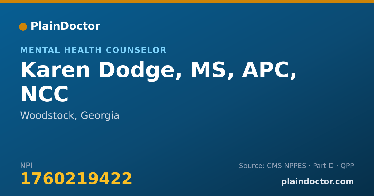 Shareable card for Karen Dodge, MS, APC, NCC - Mental Health Counselor, Woodstock, GA