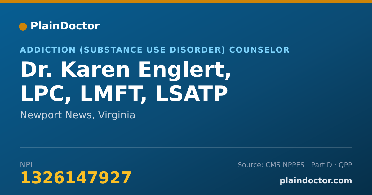 Shareable card for Karen Englert, LPC, LMFT, LSATP - Addiction (Substance Use Disorder) Counselor, Newport News, VA