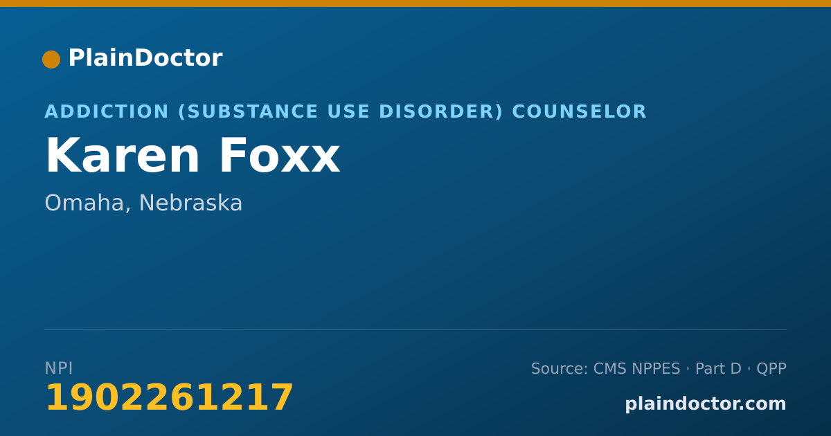 Shareable card for Karen Foxx - Addiction (Substance Use Disorder) Counselor, Omaha, NE