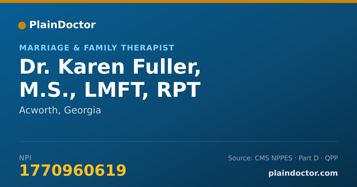 Shareable card for Karen Fuller, M.S., LMFT, RPT - Marriage & Family Therapist, Acworth, GA