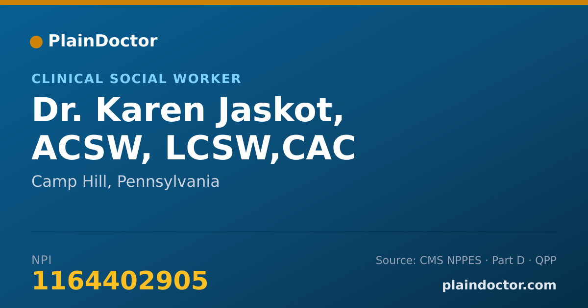 Shareable card for Karen Jaskot, ACSW, LCSW,CAC - Clinical Social Worker, Camp Hill, PA
