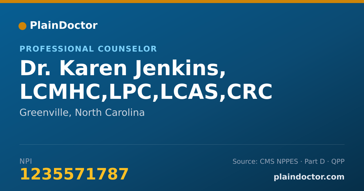 Shareable card for Karen Jenkins, LCMHC,LPC,LCAS,CRC - Professional Counselor, Greenville, NC