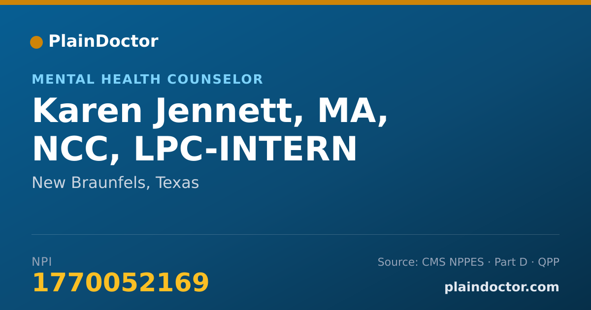 Shareable card for Karen Jennett, MA, NCC, LPC-INTERN - Mental Health Counselor, New Braunfels, TX