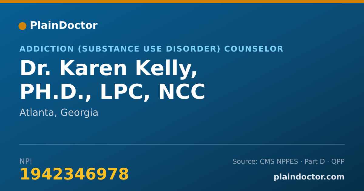 Shareable card for Karen Kelly, PH.D., LPC, NCC - Addiction (Substance Use Disorder) Counselor, Atlanta, GA