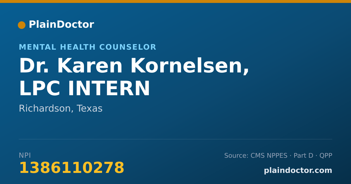Shareable card for Karen Kornelsen, LPC INTERN - Mental Health Counselor, Richardson, TX
