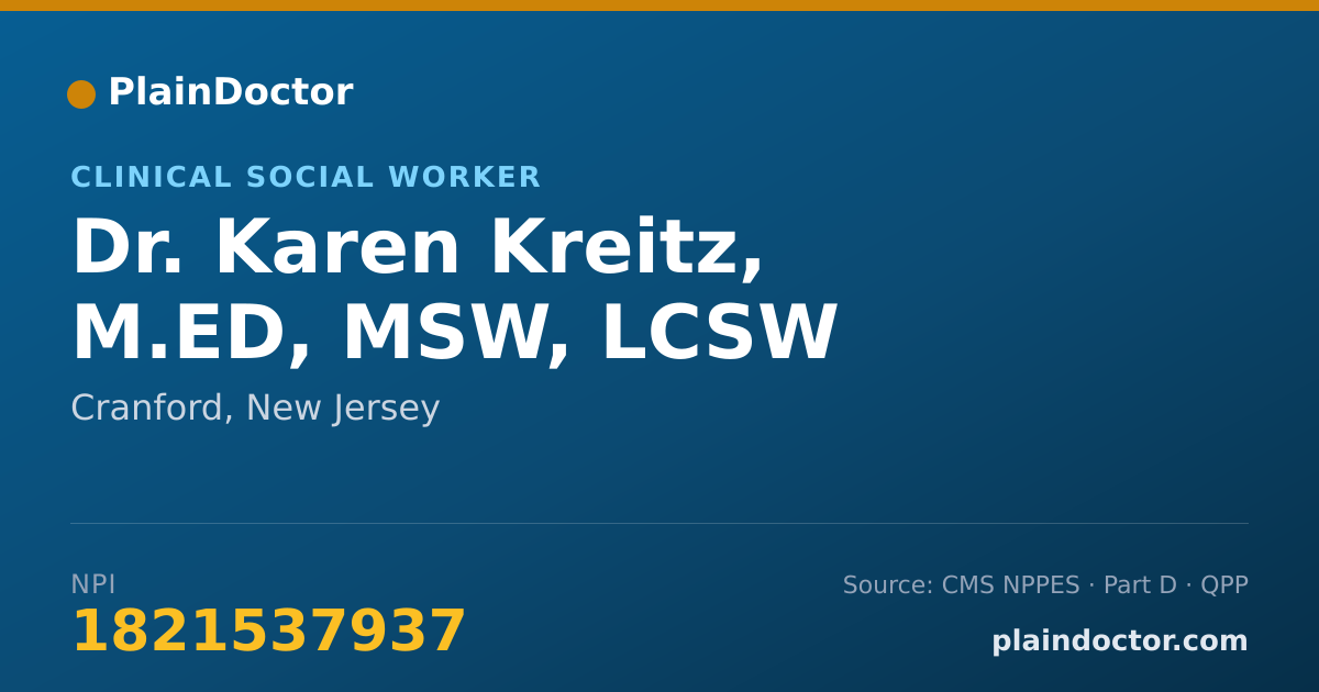 Shareable card for Karen Kreitz, M.ED, MSW, LCSW - Clinical Social Worker, Cranford, NJ