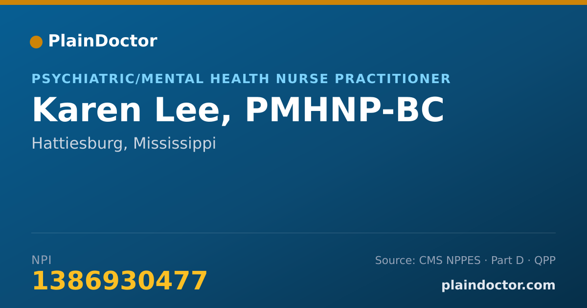 Shareable card for Karen Lee, PMHNP-BC - Psychiatric/Mental Health Nurse Practitioner, Hattiesburg, MS