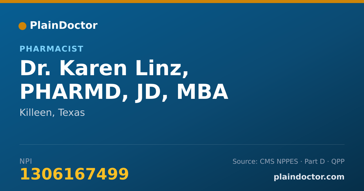 Shareable card for Karen Linz, PHARMD, JD, MBA - Pharmacist, Killeen, TX