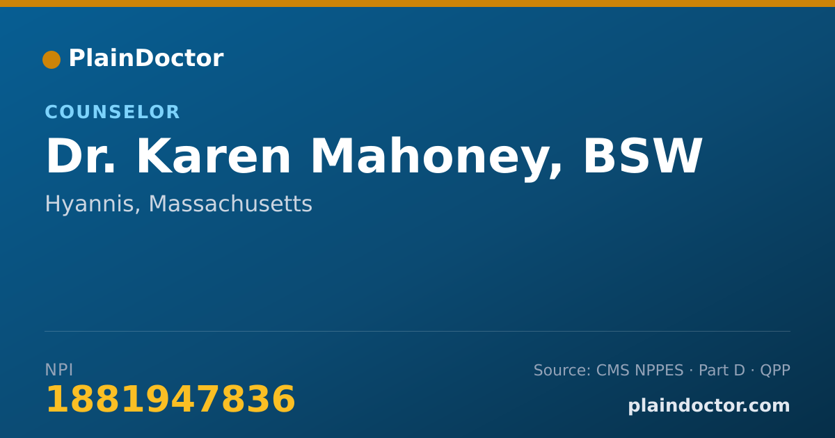 Shareable card for Karen Mahoney, BSW - Counselor, Hyannis, MA