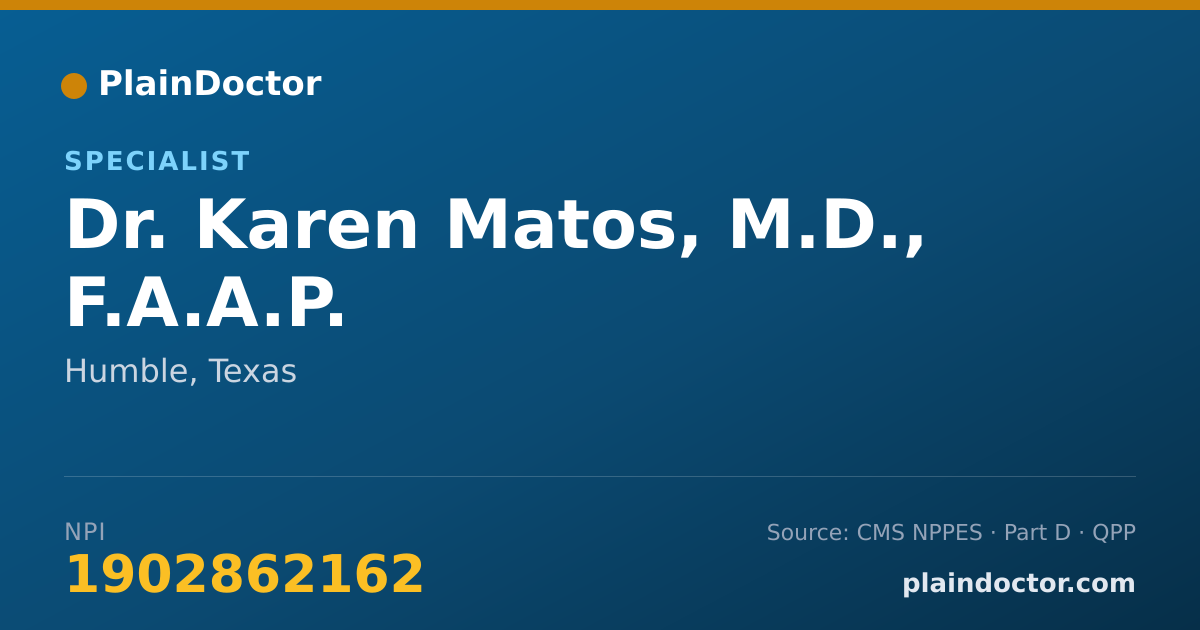 Shareable card for Karen Matos, M.D., F.A.A.P. - Specialist, Humble, TX