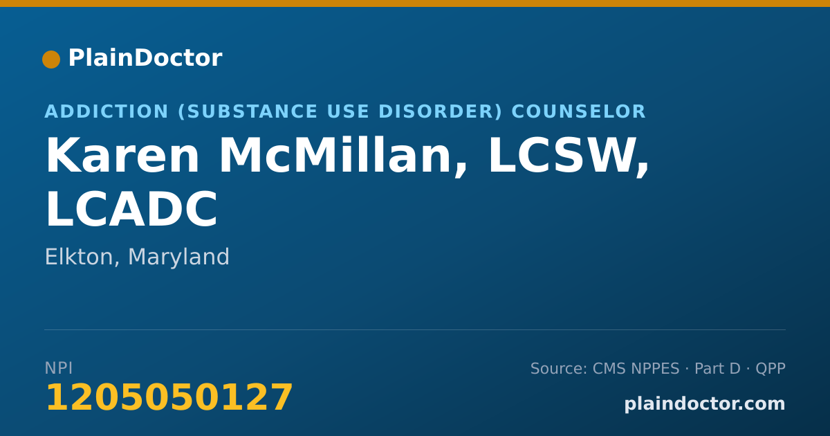 Shareable card for Karen McMillan, LCSW, LCADC - Addiction (Substance Use Disorder) Counselor, Elkton, MD