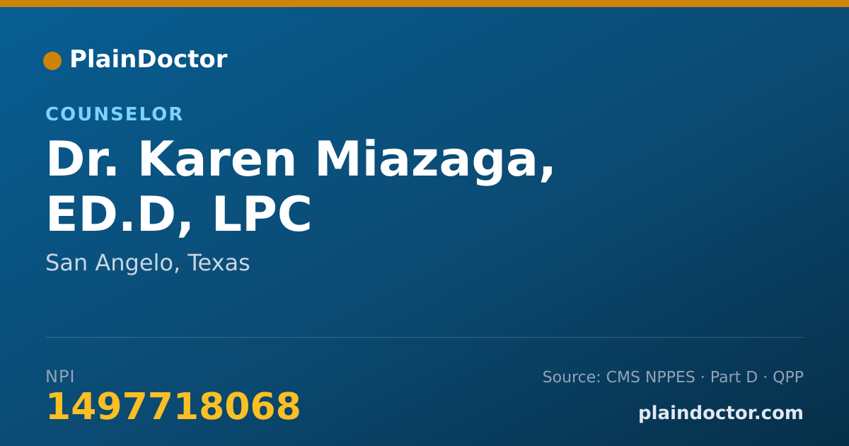 Shareable card for Karen Miazaga, ED.D, LPC - Counselor, San Angelo, TX