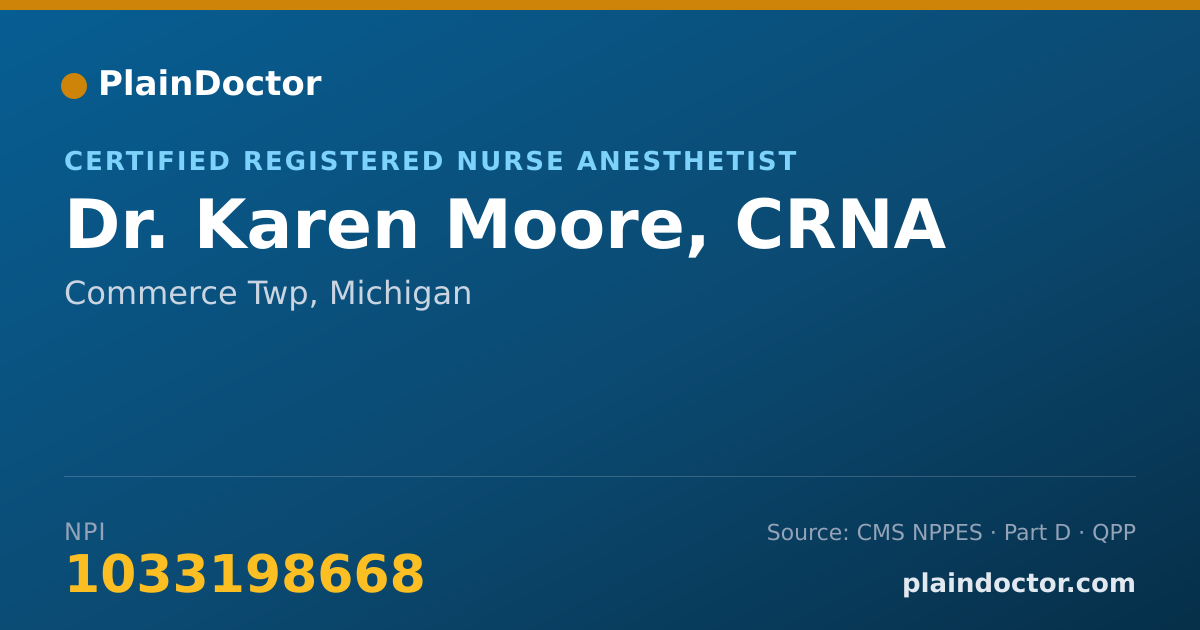 Shareable card for Karen Moore, CRNA - Certified Registered Nurse Anesthetist, Commerce Twp, MI