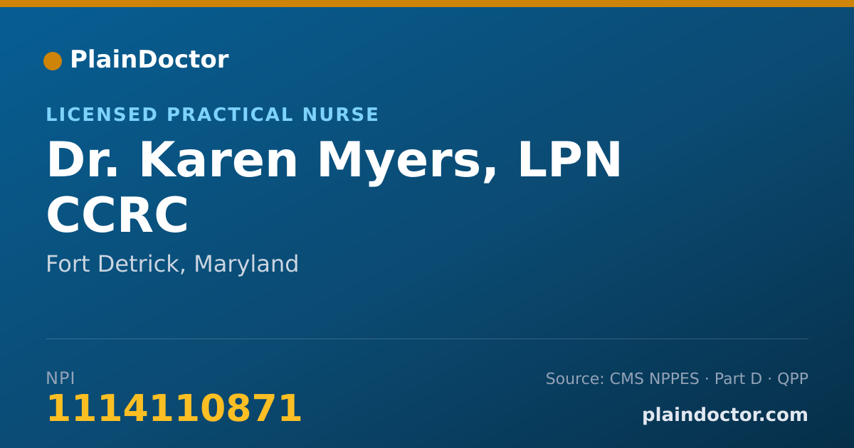 Shareable card for Karen Myers, LPN CCRC - Licensed Practical Nurse, Fort Detrick, MD