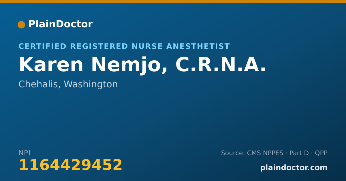Shareable card for Karen Nemjo, C.R.N.A. - Certified Registered Nurse Anesthetist, Chehalis, WA