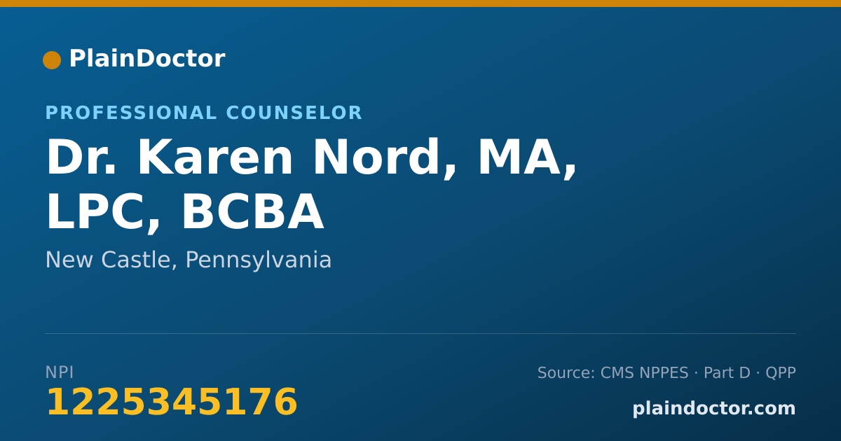 Shareable card for Karen Nord, MA, LPC, BCBA - Professional Counselor, New Castle, PA