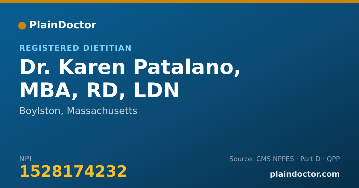 Shareable card for Karen Patalano, MBA, RD, LDN - Registered Dietitian, Boylston, MA