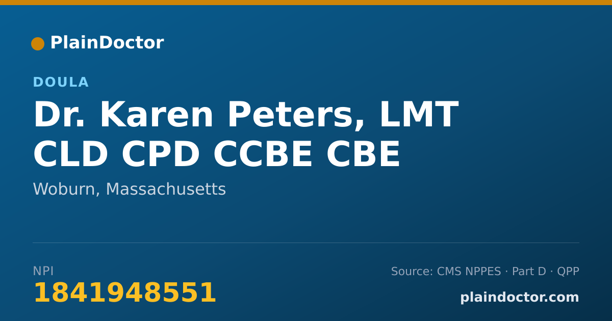 Shareable card for Karen Peters, LMT CLD CPD CCBE CBE - Doula, Woburn, MA