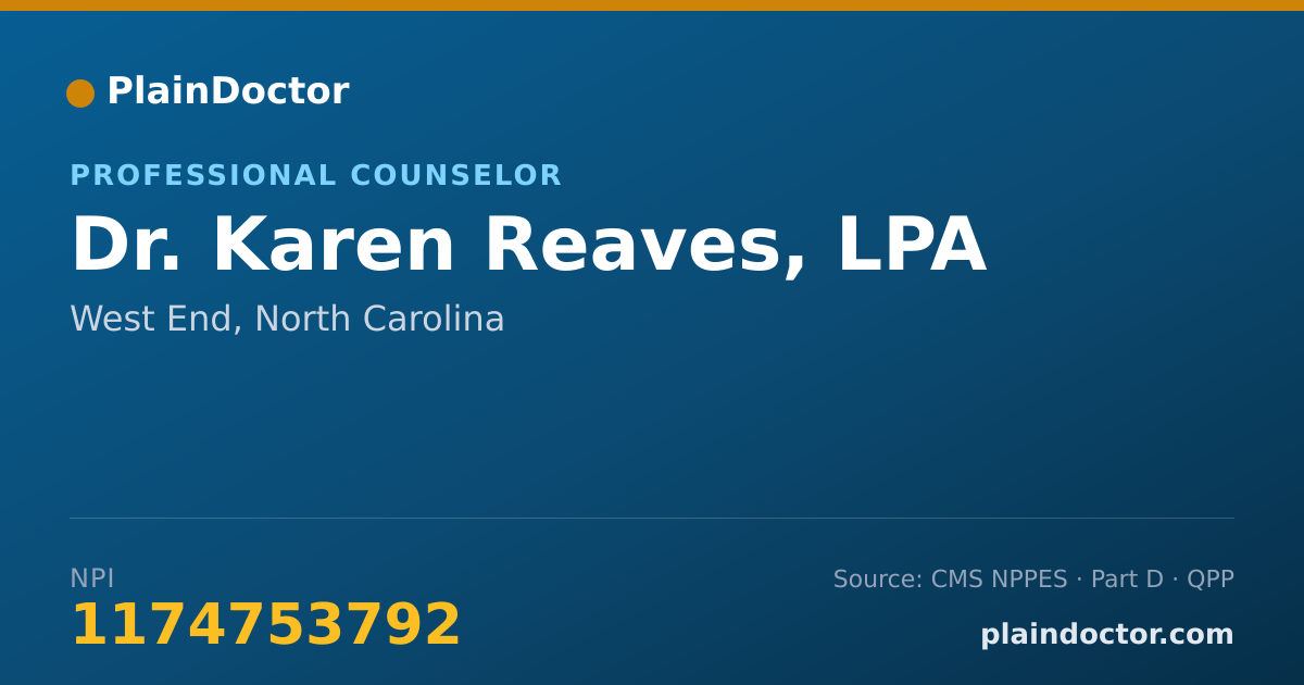 Shareable card for Karen Reaves, LPA - Professional Counselor, West End, NC