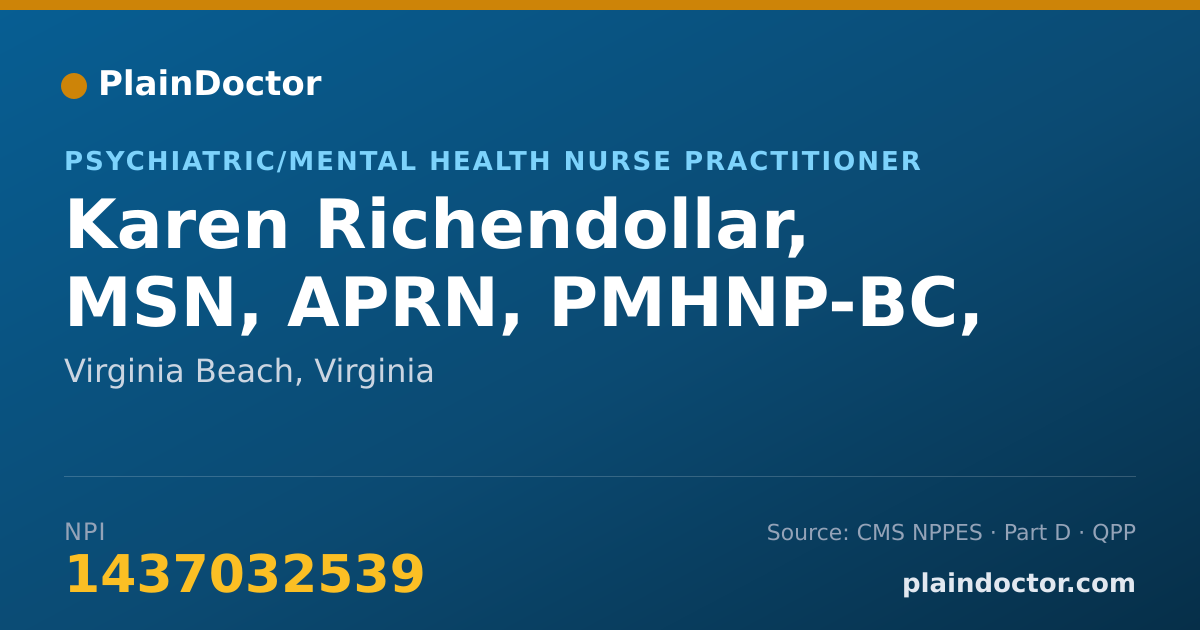 Shareable card for Karen Richendollar, MSN, APRN, PMHNP-BC, - Psychiatric/Mental Health Nurse Practitioner, Virginia Beach, VA