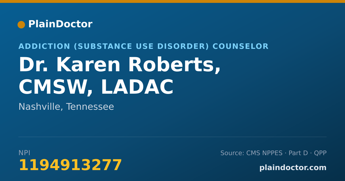 Shareable card for Karen Roberts, CMSW, LADAC - Addiction (Substance Use Disorder) Counselor, Nashville, TN