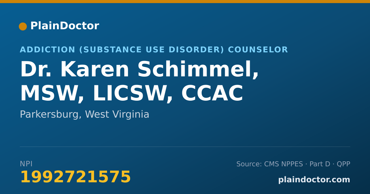 Shareable card for Karen Schimmel, MSW, LICSW, CCAC - Addiction (Substance Use Disorder) Counselor, Parkersburg, WV