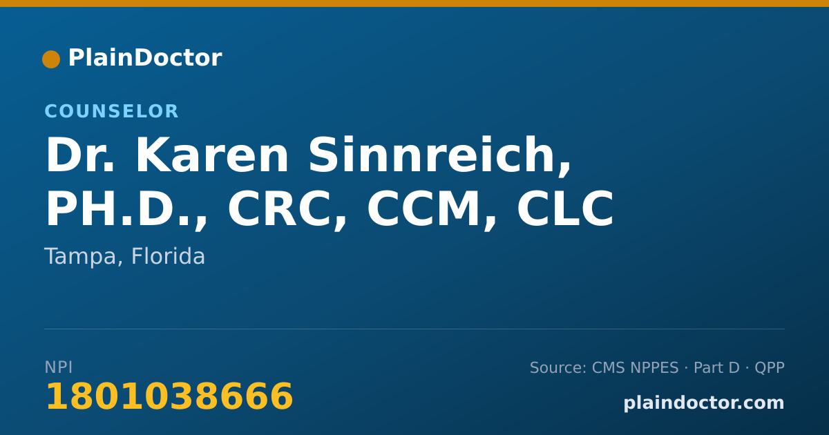 Shareable card for Karen Sinnreich, PH.D., CRC, CCM, CLC - Counselor, Tampa, FL