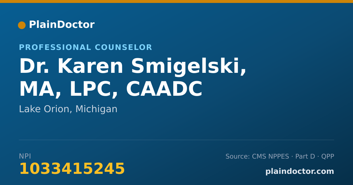 Shareable card for Karen Smigelski, MA, LPC, CAADC - Professional Counselor, Lake Orion, MI