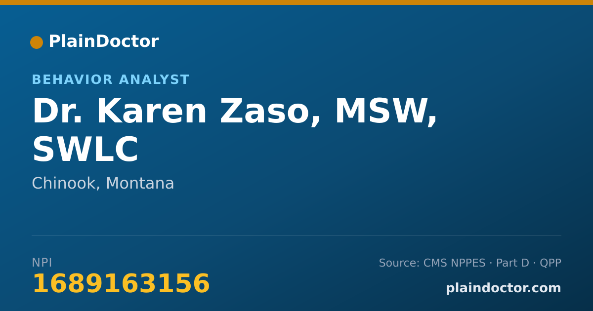 Shareable card for Karen Zaso, MSW, SWLC - Behavior Analyst, Chinook, MT
